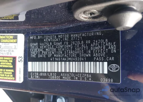 2021 Toyota Camry Xse из США, поврежденный, VIN 4T1K61AK3MU493941